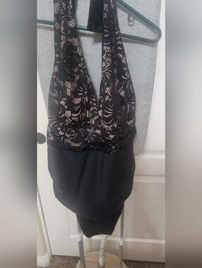 Black And Lace Plunge Neckline Halter One piece Suit, Open Back Size XXL